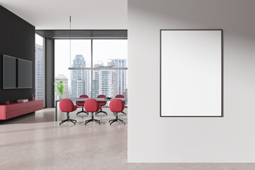 Office interior with blank framed poster on wall in modern design. 3D Rendering