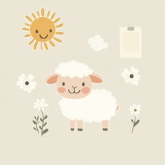 Wall Mural - A cute illustration featuring a sheep, sun, clouds, and flowers on a light background.