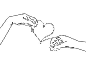 Wall Mural - Hands Holding Heart Continuous Line Drawing. Vector Abstract Line Art Hand Draw Illustration. Holding Love Black Sketch on White Background.