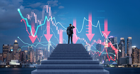 Wall Mural - Businessman standing on stairs with financial crisis chart and N