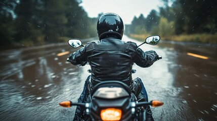 A man is riding a motorcycle in the rain