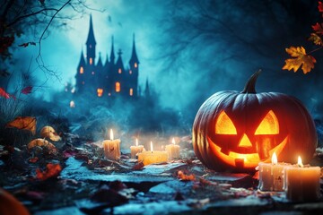 Halloween background with scary pumpkins candles in the graveyard at night with a castle background