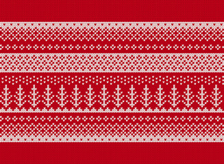 Poster - Christmas border with trees. Xmas knit seamless pattern. Holiday red geometric background. Knitted sweater print. Fair isle traditional texture. Festive winter ornament. Vector.