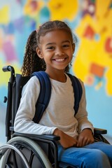 Sticker - A young girl in a wheelchair is smiling and wearing a backpack. Concept of happiness and resilience, as the girl is able to enjoy her time despite her physical limitations