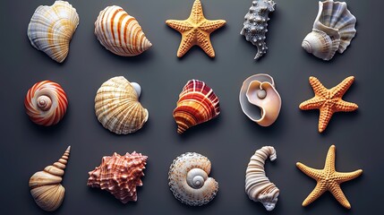 A 3D icon collection featuring detailed representations of shells, snails, starfish, mollusks, and sea horses, ideal for digital marine-themed projects.