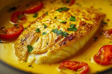 Wall Mural - a fish in a yellow bowl with tomatoes and parsley