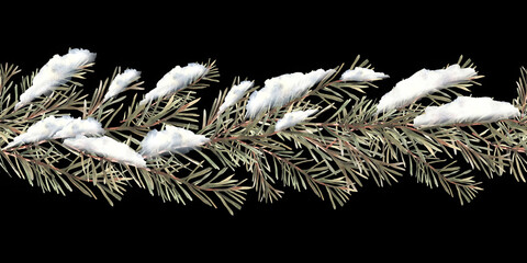 Snow on branch with needles seamless border. Winter Spruce, pine trees snowy branch. Watercolor hand drawn illustration. Christmas or New year festive pattern. Clip art on isolated black background