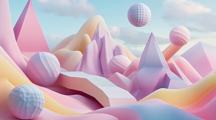 Sticker - A surreal abstract scene featuring original geometric shapes in pastel colors, set in a 3D landscape with surreal mountain forms and floating spheres.