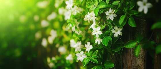 Wall Mural - White flowers blooming along a wooden fence.