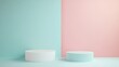 © Jari Magic - Two White Cylindrical Platforms on a Pastel Blue and Pink Background.