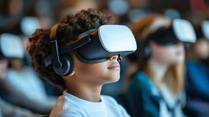 Fototapete - Young girl wearing VR headset, looking up.