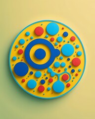 Wall Mural - Abstract colorful circle design with blue and red circles on yellow background.