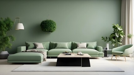 Wall Mural - Modern minimalist green living room interior design with cabinet and tv space, green color theme elegant home decor living room