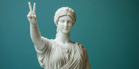 Closeup of a white marble statue of a woman with her hand raised