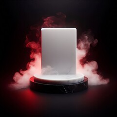 Wall Mural - square display podium with white red smoke and dark black background