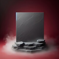 Wall Mural - black square display podium with white red smoke and dark background