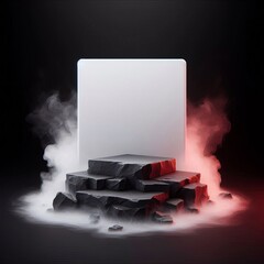 Wall Mural - square display podium with white red smoke and dark black background