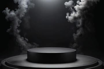 display podium pedestal with light and white smoke on dark background