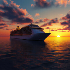 Cruise ship at sunset. Dusk at the sea. Cruise liner