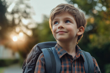 Wall Mural - young boy wearing a backpack and smiling. The boy is wearing a blue shirt with white stripes