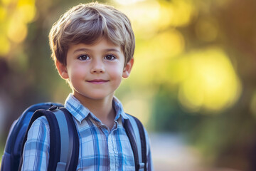 Wall Mural - young boy wearing a backpack and smiling. The boy is wearing a blue shirt with white stripes