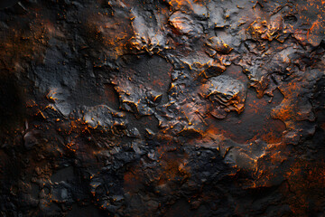 Wall Mural - Abstract texture of dark, cracked and textured surface with orange and yellow highlights.