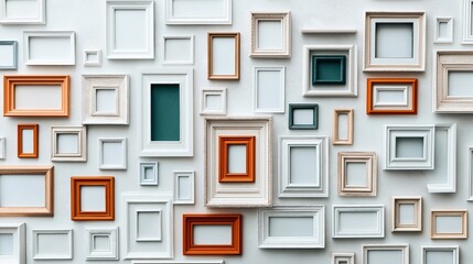 Wall Mural - Collection of empty picture frames of various sizes and colors arranged on a white wall.