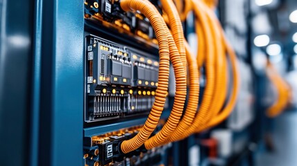 Canvas Print - Close-up of orange network cables connected to a server in a data center, with visible hardware and connectors.