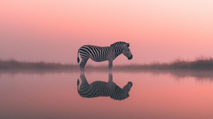 Wall Mural - Zebra Reflection in a Pink Sunset