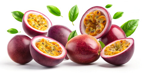 Wall Mural - Falling passionfruit isolated on white background