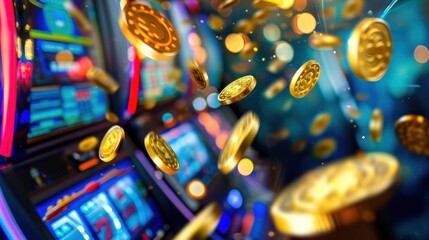 casino slot machine with golden coins flying around it, bright colors, blue background