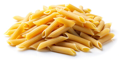 Poster - falling raw penne rigate uncooked italian pasta isolated on white background