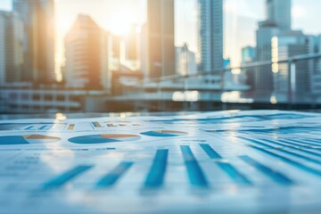 Detailed financial reports and colorful graphs rest on a sleek surface, illuminated by golden sunset light, with a vibrant city skyline in the background.