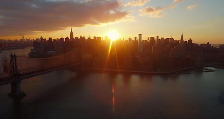 Wall Mural - unset over a city skyline with a body of water in front of it, city sunset view, urban skyline with sunset, sunset reflection on water