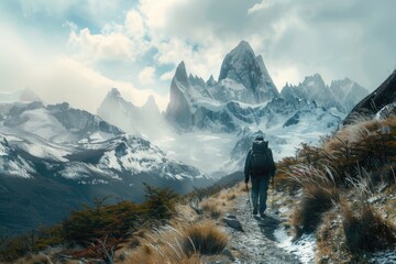 Wall Mural - A person hiking on a mountain trail with scenic views