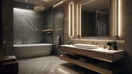 Modern minimalist luxurious bathroom interior design with modern bathtub, elegant home decor washroom 