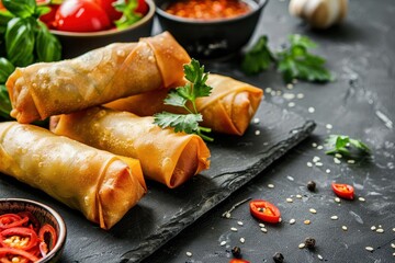 Poster - Asian cuisine Fried spring rolls with vegetables on rustic backdrop