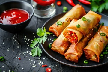 Wall Mural - Asian cuisine Fried spring rolls with sweet chili sauce on a dark surface