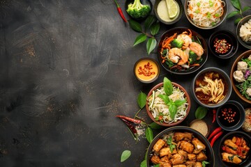 Asian food in bowls top view space for text