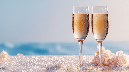 festive banner with two champagne glasses and copyspace for text