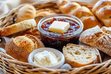 Wall Mural - Assortment of breads with fruit jam and butter pods