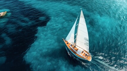 Sticker - Aerial view of a sailboat navigating clear turquoise water near a rocky outcrop. The white sails and wooden deck are prominently visible.