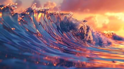 Dynamic foamy ocean waves rolling up sunset vibrant colors seascape close up