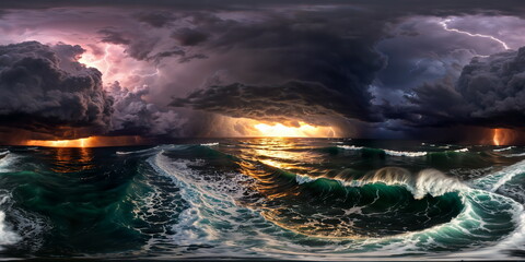 Wall Mural - Full 360 degrees seamless spherical panorama HDRI equirectangular projection of A tempestuous stormy sea. Texture environment map for lighting and reflection source rendering 3d scenes.	
