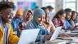 © Daria Lukoiko - Diverse high school students happily studying and coding on laptops in class, embodying learning and technology in today's educational environment
