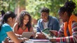 © Daria Lukoiko - Four smiling black students working together on tablets and mobile devices, relaxed and collaborative environment, diversity, friendship, and the use of technology in academic settings