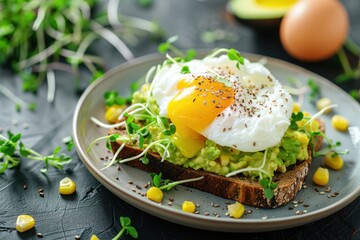 avocado toast with poached egg salad and sprouts for breakfast