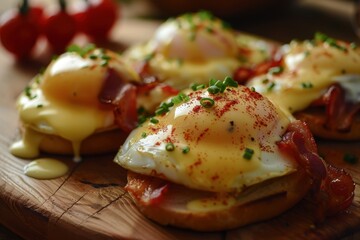 Wall Mural - Bacon and eggs benedict on wood background