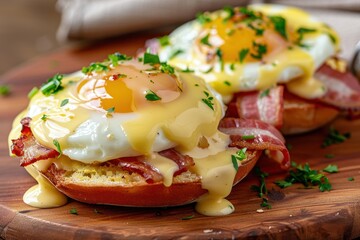 Poster - Bacon and eggs benedict on wood