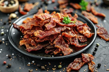 Beef chicken pork jerky on black plate rustic background